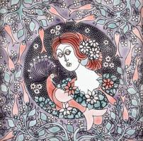 Vén Edit (1937-): Lány pávával virágok között. Zománcfestett csempe, sérült, hátoldalán jelzett valamint Képcsarnok és Iparművészeti Vállalat címkéivel. Fakeretben, 15x15 cm