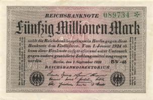 Német Birodalom / Weimari Köztársaság 1923. 50.000.000M (25x) fehér papíron, "Hakensterne"...