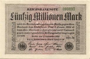 Német Birodalom / Weimari Köztársaság 1923. 50.000.000M (25x) fehér papíron, "Hakensterne"...