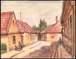 Sostarics Lajos (1896-1968): Szentendrei utca sétálókkal, akvarell, papír, jelzés nélkül, 23×29,5 cm