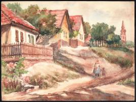 Sostarics Lajos (1896-1968): Zebegényii utca sétálókkal, akvarell, papír, jelzés nélkül, 22,5×30,5 cm