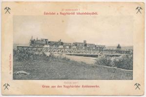 1911 Nagybáród, Borod; Jó szerencsét! Üdvözlet a nagybáródi kőszénbányából. Az iparvasút hídja, gőzmozdony, vonat / Glück auf! Gruss aus den Nagybáróder Kohlenwerke / coal mine, industrial railway&#039;s bridge, locomotive, train (EB)