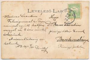 1911 Nagybáród, Borod; Jó szerencsét! Üdvözlet a nagybáródi kőszénbányából. Az iparvasút hídja, gőzm...