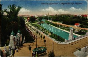 1922 Temesvár, Timisoara; Gyárváros, Béga részlet liget bejárattal, híd, villamos / Bega riverside, park, tram, bridge (Rb)