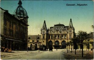 1914 Temesvár, Timisoara; Pályaudvar, vasútállomás, villamos / railway station, tram (EK)