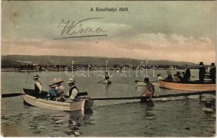 1910 Keszthely, a keszthelyi öböl, csónakázók, fürdőzők. Mérei Ignác kiadása (EK)