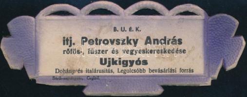 1930 Petrovszky András rőfös fűszer és vegyeskereskedés Újkígyós kisméretű karton reklámtábla újévi Üdvözlettel 6x 15 cm