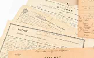 cca 1940 Családtörténeti tétel: Egy mappányi vegyes családfa, halotti értesítő és anyakönyvi kivonat