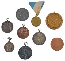 9 darabos bronz és fém díjérem tétel, közte Iván István (1905-1967) 1950. M.A.Sz. / Női Feln. 200 M. kétoldalas díjérem füllel (40mm) T:1-,2