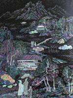 Koreai díszdoboz, lakkozott ginkgo fa, gyöngyház berakásokkal. Belsejében felirat: Hosszú élet és jó...