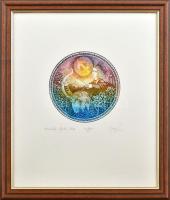 Egresi Zsuzsa (1954-): Horoszkóp: Nyilas hava. Színes rézkarc, papír. Jelzett. Művészpéldány P.A. jelzéssel. Üvegezett fakeretben, 16x16 cm.