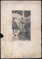 Galambos Margit (?-?): Hangulatos utcácska, 1921. Ceruza, papír, jelzett, kartonra kasírozva. Karton foltos és sérült, mű ép. 14x9 cm.