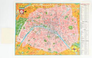 cca 1940-1960 Paris, Souvenir de la Tour Eiffel, Plan Touristique Monumental / Párizs látványosságai, turistatérkép, kétoldalas, 75x55 cm