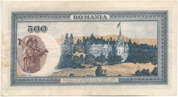 Románia 1939. 500L felülbélyegzéssel, portré áthúzva T:III folt
Romania 1939. 500 Lei with overprin...