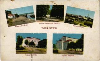 Turnu Severin, Szörényvár; Vedere din Port, Vedere din Gradina Publica, Parcul rozelor, Liceul de Fete, Teatrul National / port, park, girls school, theatre (fl)