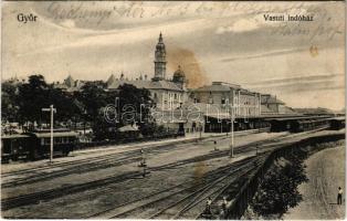 1910 Győr, Vasúti indóház, vasútállomás, vonatok. Blum József kiadása (fl)