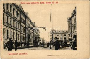 1902 Győr, Deák utca feldíszítve 1902 április 12-13-án, &quot;Isten hozott&quot; felirat. Gróf Széchenyi Miklós győri püspök beiktatásakor (EK)