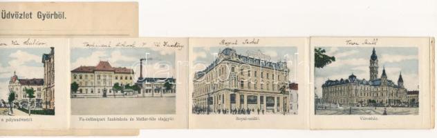 1906 Győr, "Albumos levelezőlap" leporellólap 12 képpel: Vasútállomás, gyorsáru raktár, Fa...
