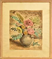 Biai-Föglein István (1905-1974): Virágok. Színezett rézkarc, papír, jelzett, lap széle kissé foltos, üvegezett fakeretben, 37,5×29 cm