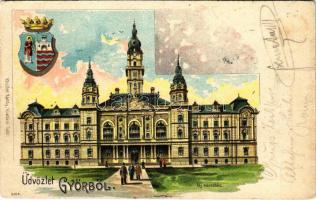 1902 Győr, Új városház. Röszler Károly kiadása, címeres litho (fa)