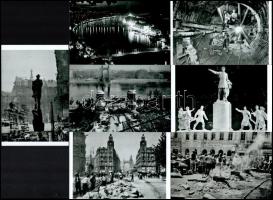 Eltérő időben készült budapesti városképek, életképek (felrobbantott Erzsébet híd, a korai metróépítés, tábori konyha a Teleki téren, a régi Kossuth szobor, villamos sínek építéséhez bontják a Kossuth utcai útburkolatot), 7 db modern fotónagyítás, 10x15 cm