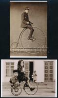 Eltérő időben készült felvételek kerékpárosokról, 1 db vintage fotó ezüst zselatinos fotópapíron + 2 db modern nagyítás, a nagy kép feliratozott, 17x24 cm és 10x15 cm