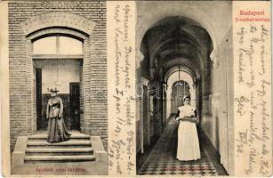 1911 Budapest XII. Erzsébet kórház, Ápolónő szolgálatban - ápolónő utcai ruhában. Ádám H. kiadása (EK)