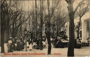 1914 Budapest XII. Zugliget, Domschitz József-féle Fácán vendéglő, étterem kertje pincérekkel és vendégekkel (EK)