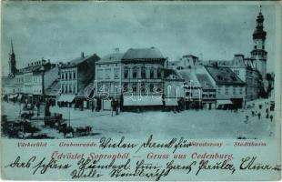 1900 Sopron, Várkerület, Várostorony, Varga és Dukasz üzlete, piac. Kummert N. Lajos kiadása (EB)