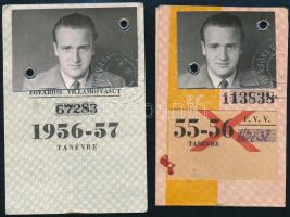 1955-57 Sárdy Lóránt (1931-2014) későbbi restaurátor 2 db fényképes Fővárosi Villamosvasút igazolvány tanuló hetijegy váltására
