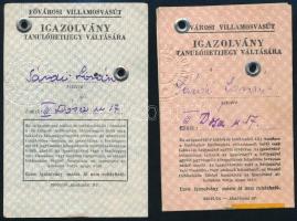 1955-57 Sárdy Lóránt (1931-2014) későbbi restaurátor 2 db fényképes Fővárosi Villamosvasút igazolván...