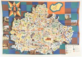 cca 1960-1970 Baranya megye, illusztrált, grafikus idegenforgalmi térkép, prospektus (szign.: Czeglédi), jó állapotban, 68x47