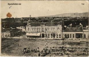 1918 Gyulafehérvár, Karlsburg, Alba Iulia; vár, Hungária szálloda, Takarékpénztár, Győri és Austerlitz, Fritz Gyula, Springer üzlete, piac. Papp György kiadása / castle, hotel, savings bank, shops, market (Rb)