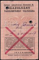 1945-46 Sárdy Lóránt (1931-2014) későbbi restaurátor fényképes BSZKRT igazolvány tanuló hetijegy vál...
