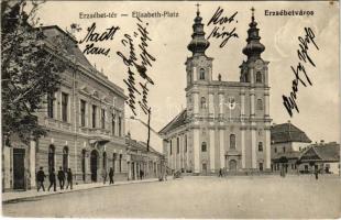 1915 Erzsébetváros, Dumbraveni; Erzsébet tér, templom, üzletek. Gustav Binder kiadása / square, church, shops (EK)