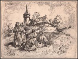 Olvashatatlan jelzéssel: Erdélyi templom menyecskékkel, XX. sz. első fele. Rézkarc, papír. 16x21 cm