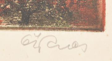 Ősz Dénes (1915-1980): Budapesti látkép. Színes rézkarc, papír, jelzett. Kartonra kasírozva. 28×38,5...