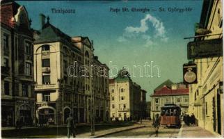 1927 Temesvár, Timisoara; Piata Sft. Gheorghe / Szent György tér, villamos, üzletek / square, tram, shops (EK)