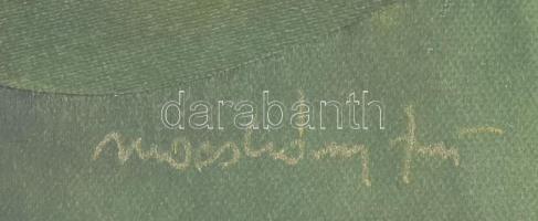 Macskássy Izolda (1945-2021): Napraforgók. Selyemkollázs, jelzett. Üvegezett fakeretben. 14,5x9,5 cm