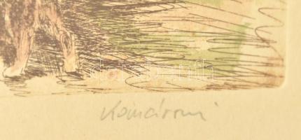 Komáromi jelzéssel: Piacon. Színezett rézkarc, papír, számozott (1/100). Üvegezett fakeretben. 22x16...