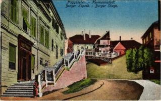 Nagyszeben, Hermannstadt, Sibiu; Burger Stiege / Burger lépcső, gyógyszertár / stairs, street view, pharmacy