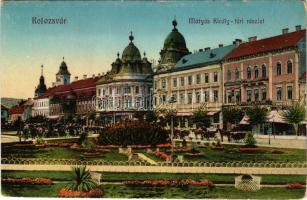 1913 Kolozsvár, Cluj; Mátyás király tér, Haraszthy üzlete, Erdélyi Bank. Lehota Anna kiadása / square, shops, bank (EB)