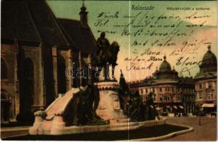 1907 Kolozsvár, Cluj; Mátyás király tér a szoborral, üzletek / square, statue, monument, shops (Rb)