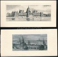 3 db Budapesti látképeket ábrázoló selyemre készült rézkarc. 17x6 cm, 13x6 cm