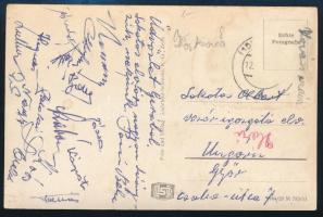 cca 1950 Vasas labdarúgó csapat tagjainak aláírásai (Palotai, Kárpáti, Hegedűs, Nagy, Józsa, stb ) gerai mérkőzésről küldött képeslapon / Autograph signed postcard of Hungarian football players