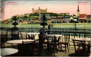 1909 Pozsony, Pressburg, Bratislava; Au-Café / Ligeti kávéház, terasz, vár. Kaufmann Bediene dich allein / café, terrace, castle (kopott sarok / worn corner)