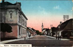1915 Belovár, Bjelovar; Preradoviceva ulica prama trgu / utca és tér, üzlet / street, shop (EK)