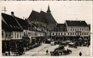 1936 Brassó, Kronstadt, Brasov; Piata Unirei cu Biserica Neagra / tér, Fekete templom, piac, automobil, lovaskocsik, J. L. & A. Hesshaimer, Antal és Dworak üzlete / square, church, market, automobile, horse-drawn carriages, shops (EK)