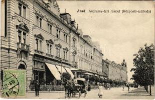 1906 Arad, Andrássy tér, Központi szálloda és kávéház, Lengyel Lőrinc bútorgyára / street view, hotel and café, furniture store (EM)