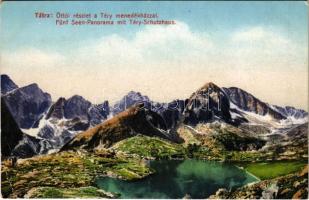 Tátra, Magas-Tátra, Vysoké Tatry; részlet az Öt-tónál a Téry menedékházzal. Cattarino S. utóda Földes Samu kiadása / Partie bei den Fünf Seen mit Tery-Schutzhaus / lake, tourist house (EK)